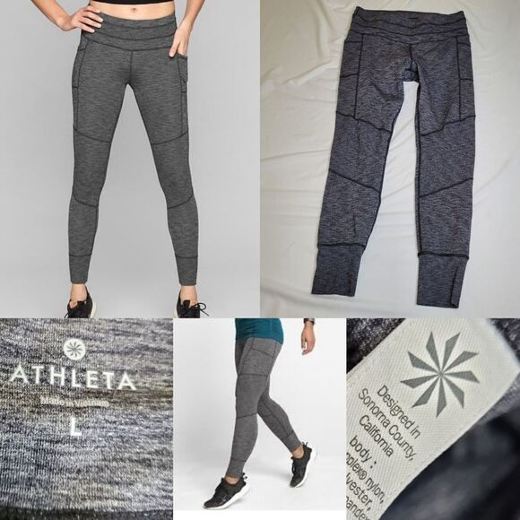 L ATHLETA GRAY BLACK JOGGERS LEGGINGS EXCURSION w/ POCKETS LARGE - Picture 1 of 11